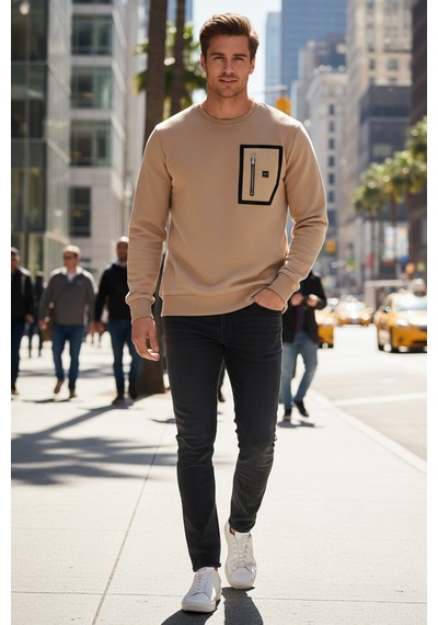 Remsa Erkek Fermuar Detay Bisiklet Yaka Pamuklu Sweatshirt 24722 Bej Bej