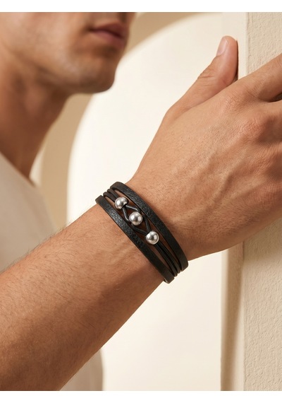 Çelik Top Detalı Erkek Deri Bileklik Premium Hediye 01825 Siyah