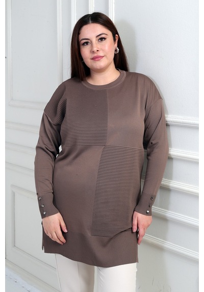 By Saygı Kadın Kolları Düğme Detaylı Büyük Beden Tunik Bluz K.vizon