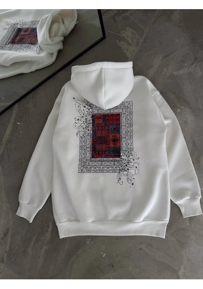 Valensdesign Uzun Kol Kapşonlu Ön Ve Arka Baskılı Sweatshirt - Beyaz