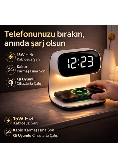Polham 15w Kablosuz Şarjlı Led Masa Lambası Saat Alarm Özellikli Dijital Saat Gece Lambası Led Ekran Beyaz