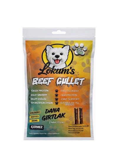 Lokums Köpek Dana Gırtlak Ödül Maması, Stick,%100 Doğal, Katkı Maddesi İçermez, 15 Cm, 2 Adet