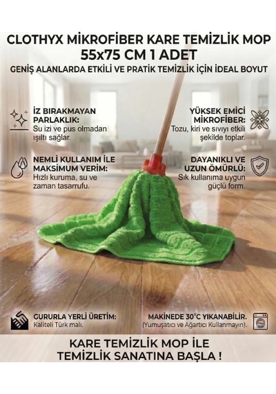 Mikrofiber Kare Temizlik Mop 55 75 Cm 1 Adet - Yeşil