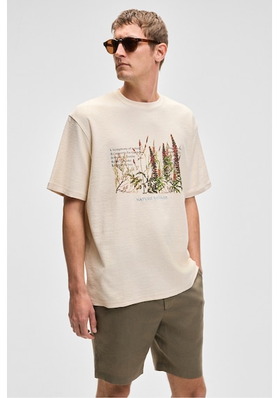 Grımelange PLANTASIA Erkek %100 Organik Pamuk Baskı ve Nakış Detaylı Kısa Kollu Vanilya T-Shirt