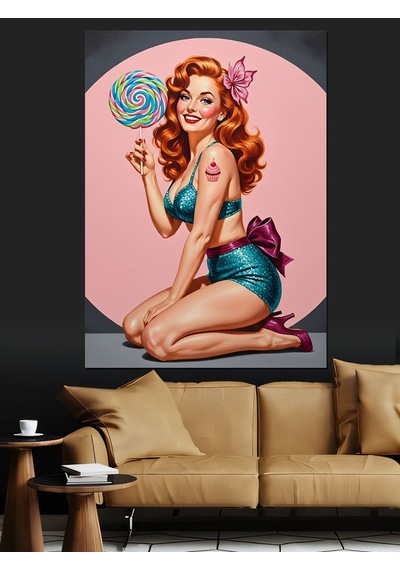 Ahşap Tablo Sarmal Şeker Yiyen Pin-up Kız İnsan Figürlü Tablolar