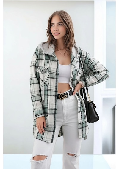 Mamayaga Kadın Desen Bloklu Oduncu Oversize Geniş Kalıp Casual Cepli Kapüşonlu Uzun Boy Ceket Gömlek Beyaz - Yeşil Mamayaga Kadın Desen Bloklu Oduncu Oversize Geniş Kalıp Casual Cepli Kapüşonlu Uzun Boy Ceket Gömlek Beyaz - Yeşil