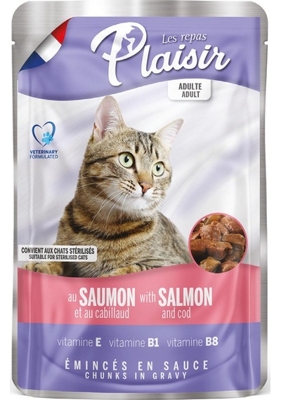 Plaisir Somonlu ve Morina Balıklı Pouch Yetişkin Kedi Yaş Maması 4 x 100 G