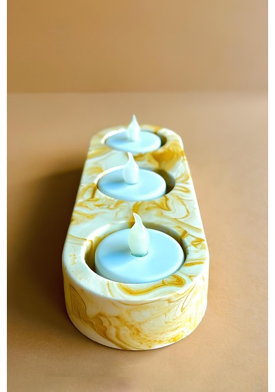 El Yapımı Sarı Mermer Desenli Beton Tealight Mumluk Şamdan Ve Dekoratif Masa Mumluğu Sarı