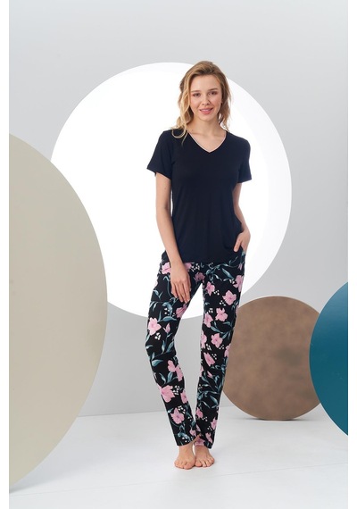 Pjs 24168 Kadın Kısa Kollu V Yaka Desenli Pijama Takım 001