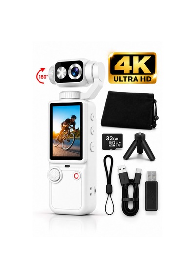 4k Ultra Hd Dijital Kamera 180 Dönen Lens Taşınabilir Video Fotoğraf Kamera 32gb Hafıza Kartı Hediye