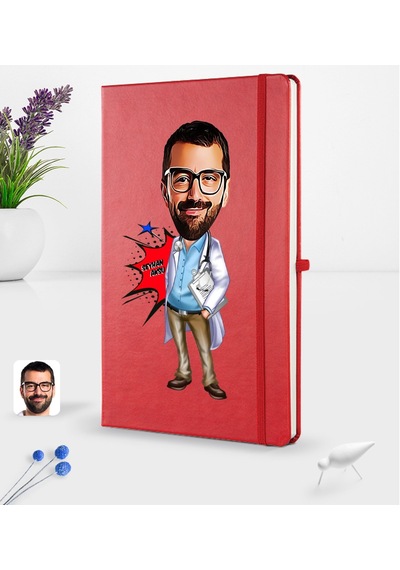Kişiye Özel Erkek Doktor Karikatürlü Kırmızı Termo Deri Defter 16 (540170075)