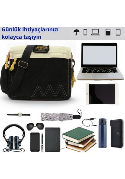 Cappadocia Vintage Omuz Postacı Siyah Bej 14 İnç Laptop Çantası Siyah - Altın