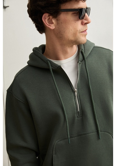 Grimelange Justus Erkek Kapüşonlu Kanguru Cepli Fermuar Yakalı Yeşil Sweatshirt Yeşil