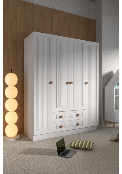 4 Kapak 2 Çekmece Gardırop Mdf Kapak Ceviz - Beyaz