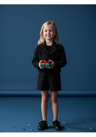 Zekids Kız Çocuk Tüvit Simli Crop Ceket-16432 Siyah