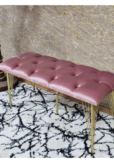 Zafir Metal Gold Tel Ayaklı 100 Cm Puf Bench - Puf - Bench - Oturak - Mutfak Oturağı - Antre Oturağı Pembe