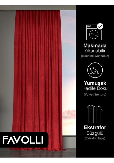 Br Favolli Kadife Dokulu Kırmızı Ada Fon Perde Ekstrafor Büzgülü Dream Series Kırmızı