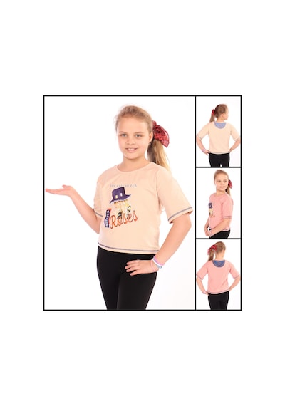 Toontoy Kids Toontoy Kız Çocuk Baskılı Bisiklet Yaka Kısa Kollu Tişört Bej