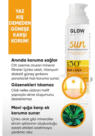 Glow White Hassas Ciltler için Mineral Güneş Kremi SPF50+ 50 ML