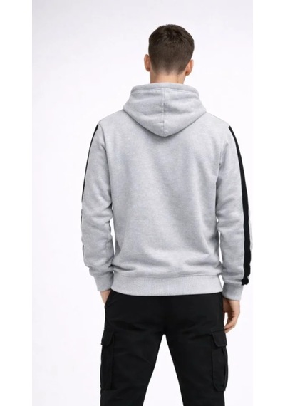 Butik İstanbul Erkek Şeritli Kapüşonlu Sweatshirt Oversize 3 Iplik Pamuklu - Beyaz