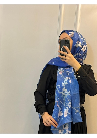 Van Gogh Çiçek Açan Badem Ağacı Art İpek Şal Mavi