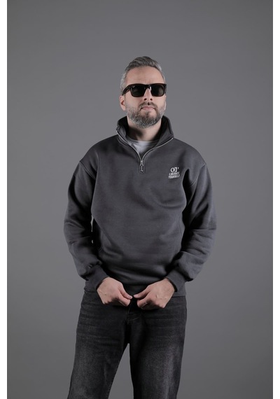 Dik Yakalı Parçalı Erkek Sweatshirt Füme