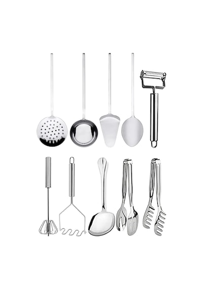 10 Parça Paslanmaz Çelik Spatula Kevgir Kepçe Kaşık Çırpıcı Çeyiz Hazırlık Seti Gri