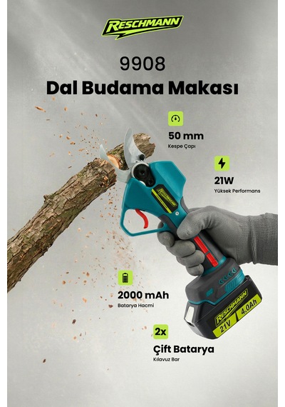 Reschmann R-9908 21V 50MM Profesyonel Şarjlı Dal Budama Makası
