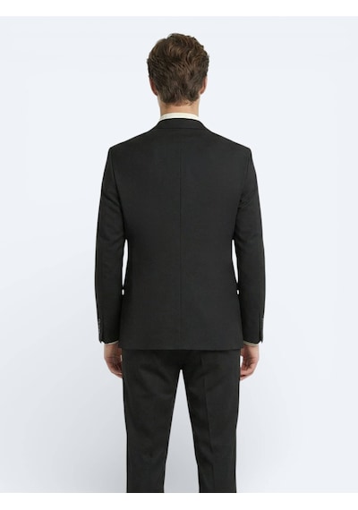 Siyah Düz Modern Fit Yün Karışımlı Takım Elbise Siyah