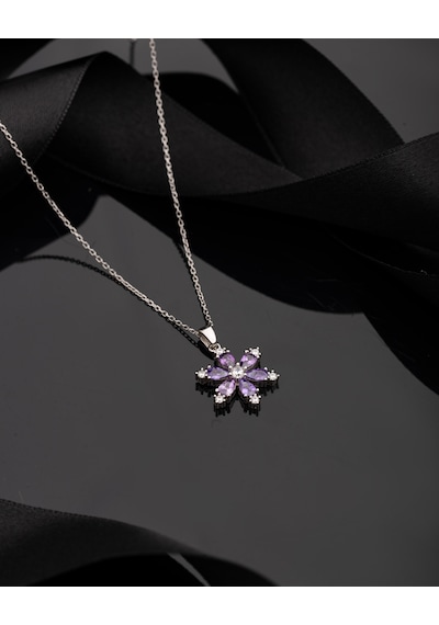 925 Ayar Ametist Taşlı Rodyum Lotus Çiçeği Gümüş Kolye Rn10303 Gümüş