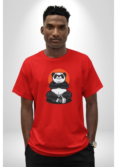 Yoga Panda Pamuklu Bisiklet Yaka Unisex Oversize Boyfriend Dijital Baskılı Kırmızı T-shirt Kırmızı