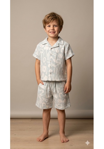 Tuffy Kids Erkek Çocuk Desenli Müslin Gömlekli Takım Tfy-6616 Açık Mavi