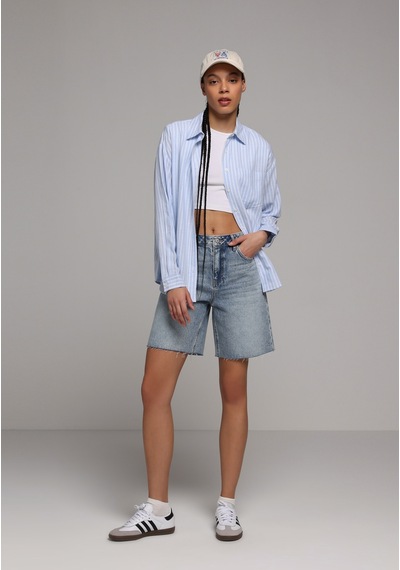 Colin's Colins Boyfriend Fit Shirt Neck Çizgili Kadın Mavi Uzun Kol Gömlek Cl1079513 Q1.v2 Lbl Açık Mavi