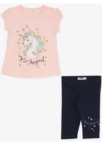 Breeze Kız Çocuk Kapri Taytlı Takım Unicorn Baskılı 1.5-5 Yaş, Somon Somon