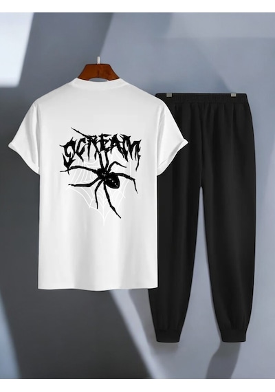Uyguntarz Unisex Scream Siyah Tasarım Basklı Tshirt Eşofman Takımı Beyaz