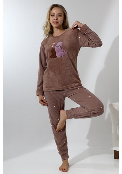 Wordex Fawn 5015 Peluş Welsoft Polar Kışlık Ayıcıklı Yumoş Kadın Pijama Takımı Vizon