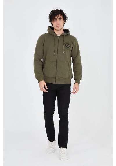 Erkek 3 İplik Pamuklu Fermuarlı Kapüşonlu Kanguru Cepli Baskılı Hoodie Hırka Sweatshirt - Yeşil