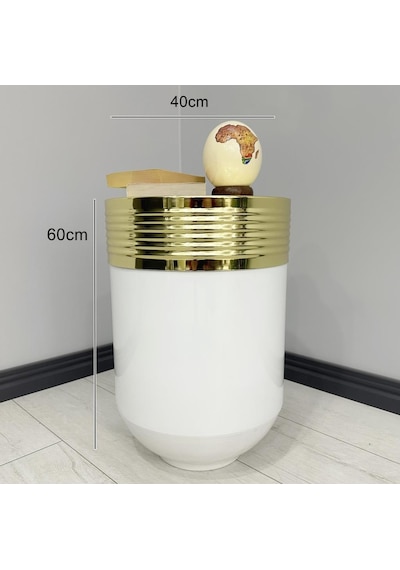 Elegant Dekoratif Gold Darbuka Parlak Beyaz Sehpa 60cm