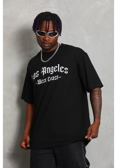 Erkek Oversize Baskılı Bisiklet Yaka Kısa Kol T-shirt - Siyah Siyah