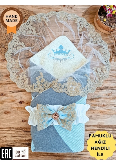 Triko Örgü Kışlık Bebek Kundağı & Bebek Battaniyesi - Pamuklu Yenidoğan Hastane Çıkışı & Hediyelik Mavi
