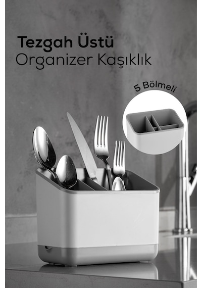 Vienev 5 Bölmeli Organizer Kaşıklık Tezgah Üstü Kaşık Düzenleyici Gri