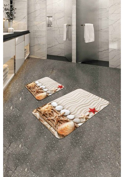 Bej Deniz Kabuklu Banyo Halısı Klozet 2'li Paspas Seti Bs210n11