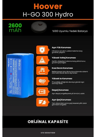 Hoover Uyumlu H-Go 300 Hydro 2600mAh Robot Süpürge Bataryası