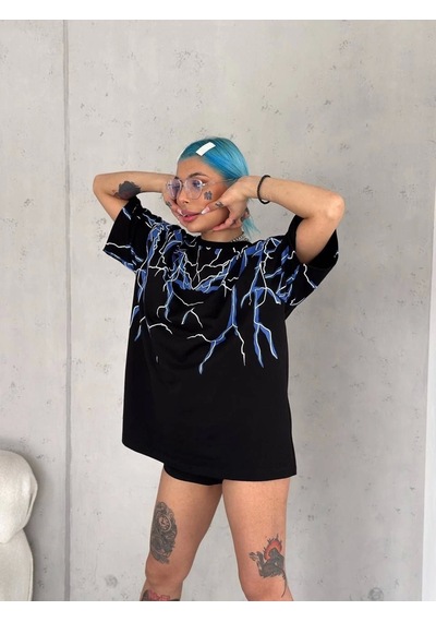 Unisex Yıldırım Baskılı T-shirt - Siyah
