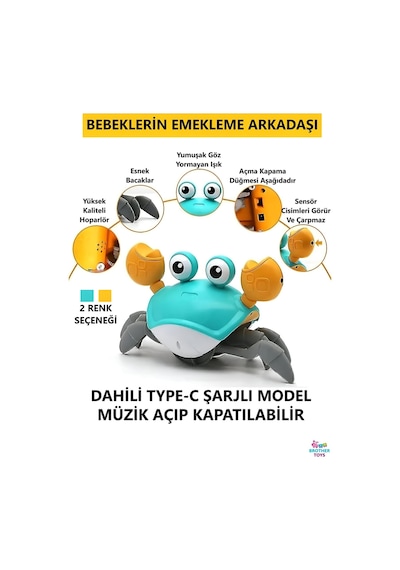 Emeklemeye Ve Yürümeye Yardımcı Şarjlı Çarpma Sensörlü Sağa Ve Sola Hareket Eden Oyuncak Yengeç