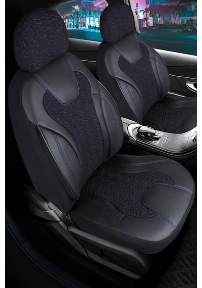Renault 21 Concorde Deri Detaylı Oto Koltuk Kılıfı Ön Arka Set Siyah Mavi Siena Seri Şhn