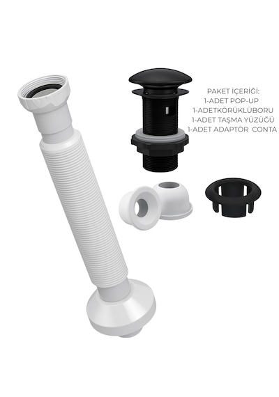 Mat Siyah Pop-up Lavabo Gider Seti Porselen Başlık + Körüklü Bo