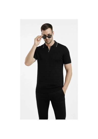 Butik İstanbul Erkek Triko Kumaş Yakalı Düğmesiz Açık Yaka Fitilli Kısa Kollu Regular Fit Tişört T-shirt - Siyah