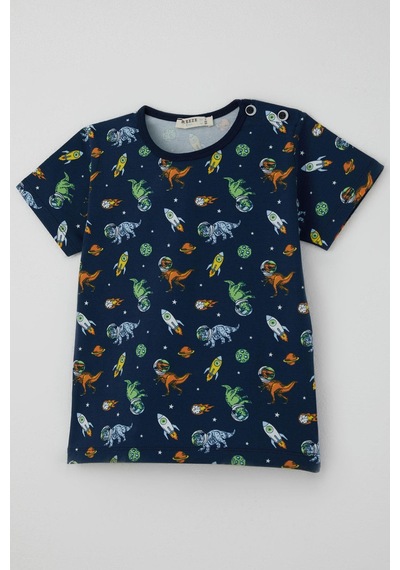 Breeze Erkek Bebek Şortlu Pijama Takımı Uzay Temalı Astronot Dinozor Desenli 9 Ay-3 Yaş, Lacivert