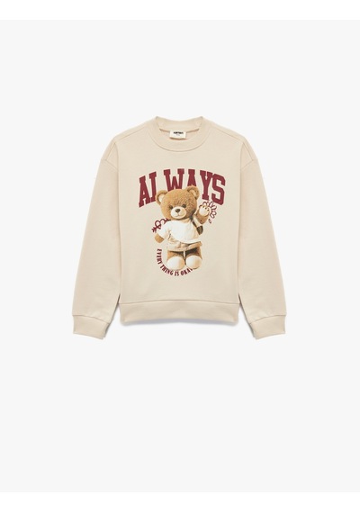 Koton Ayıcık Baskılı Pamuklu Uzun Kollu Bisiklet Yaka Sweatshirt Bej 7wkg10036ak Ekru